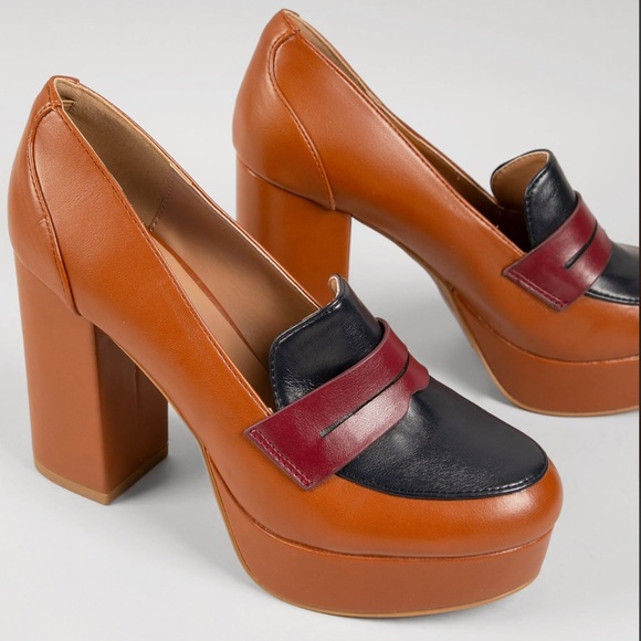 Tan Multi Color High Heel Platform Penny Loafer - Picture 2 of 8